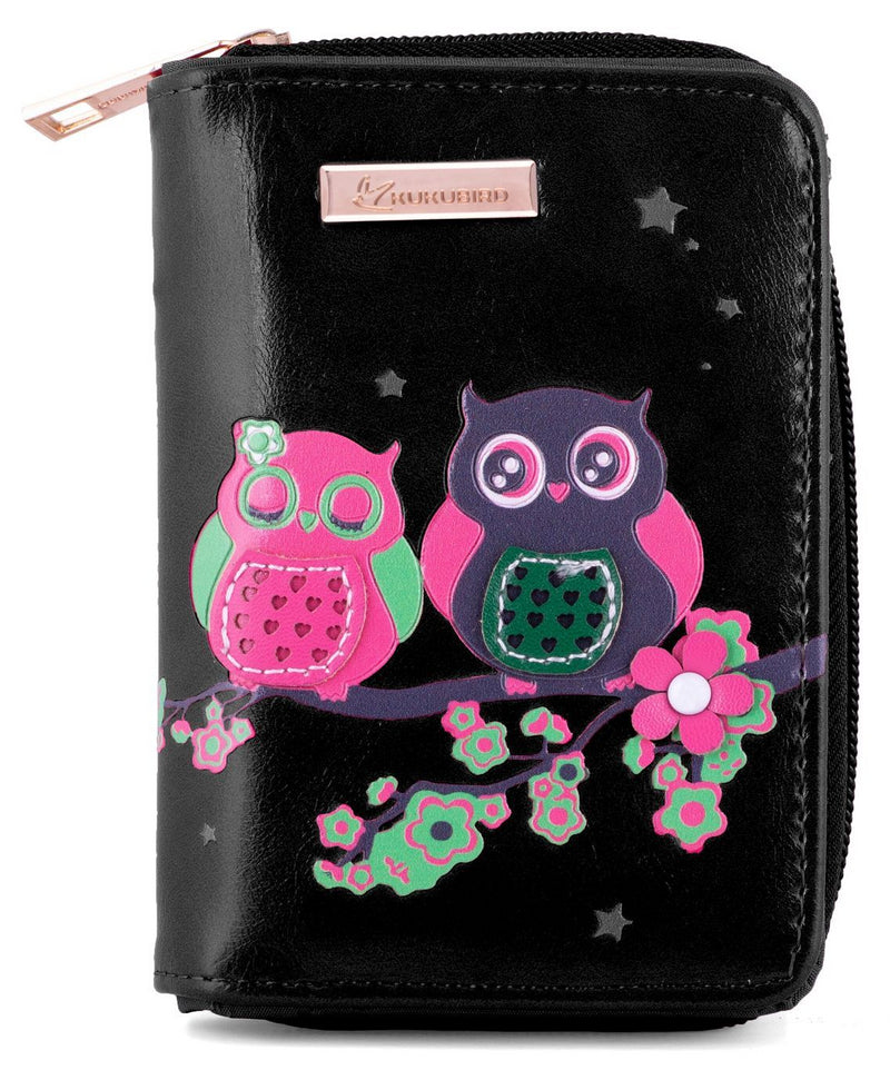 Kukubird Medium Purse 2 owl's on Branch - Black - Kukubird_UK