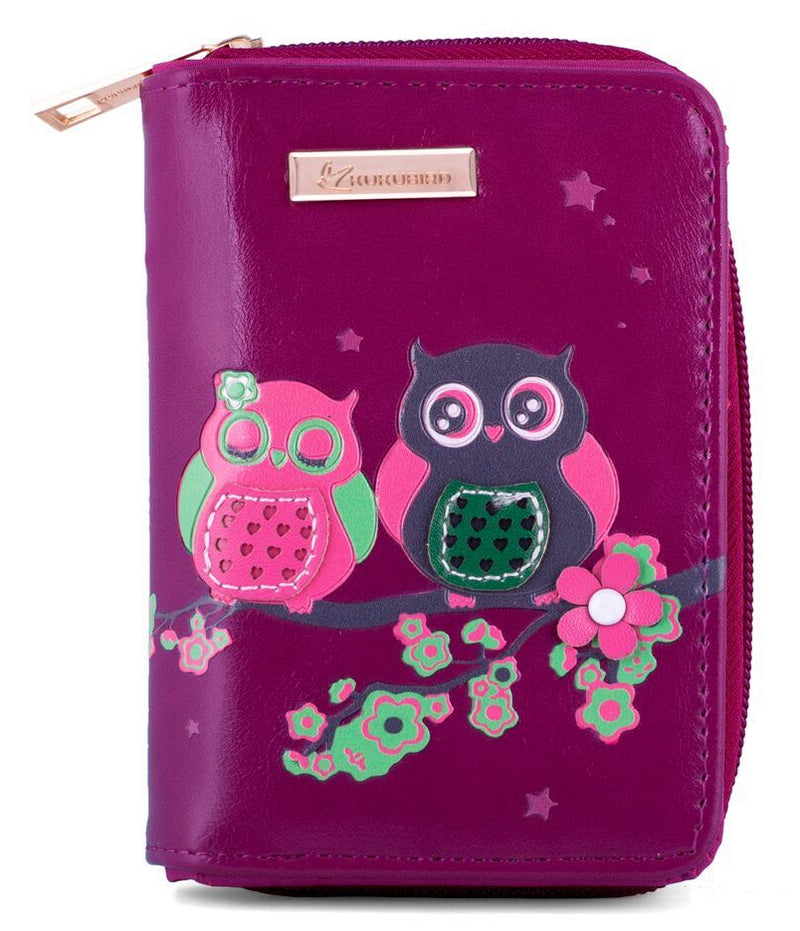 Kukubird Medium Purse 2 owl's on Branch - Purple - Kukubird_UK