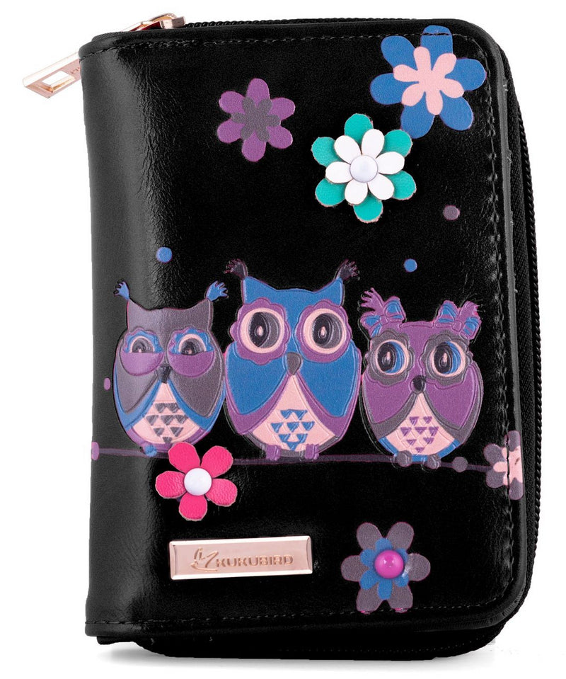 Kukubird Medium Purse 3 owl's floral - Black - Kukubird_UK