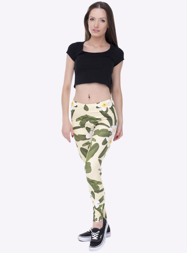 Regular Leggings (8-12 UK Size) - Hawaii Flowers Yellow - Kukubird-UK