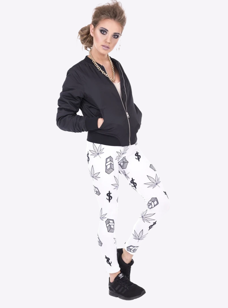 Regular Leggings (8-12 UK Size) - Weed and Money White - Kukubird-UK