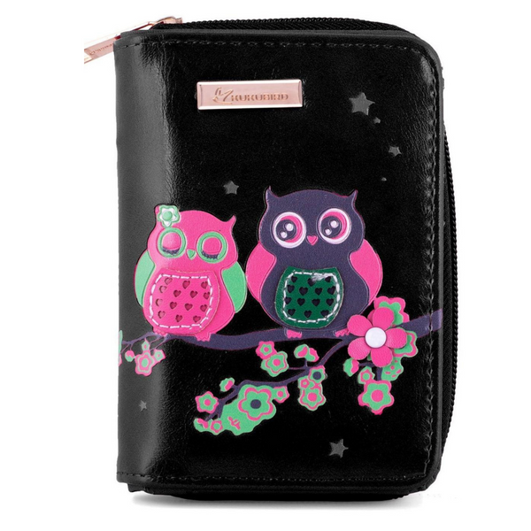 Kukubird Medium Purse 2 owl's on Branch - Black - Kukubird-UK