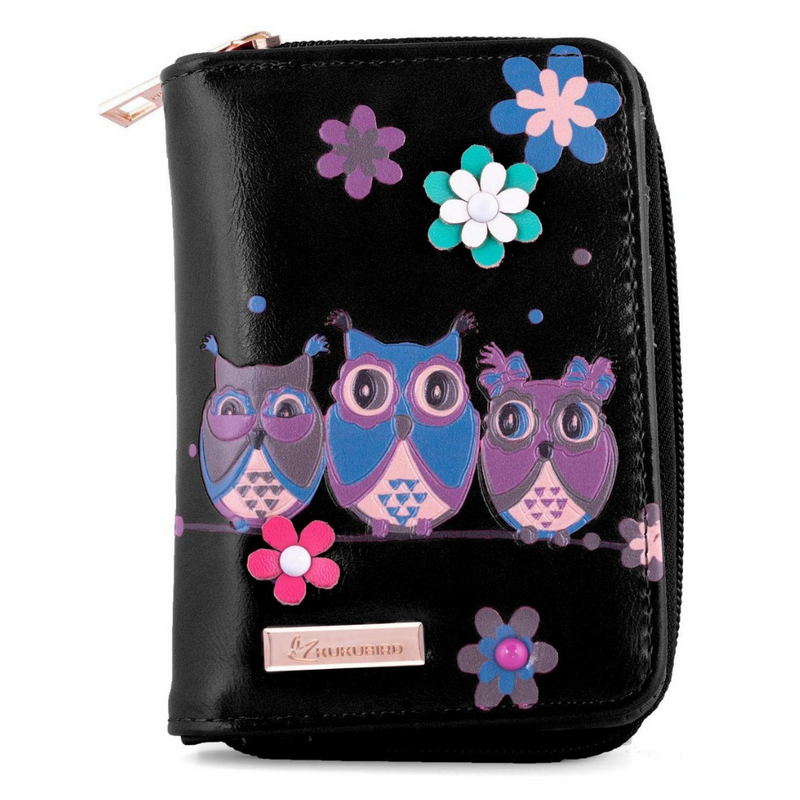 Kukubird Medium Purse 3 owl's floral - Black - Kukubird-UK