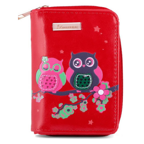 Kukubird Medium Purse 2 owl's on Branch - Red - Kukubird-UK