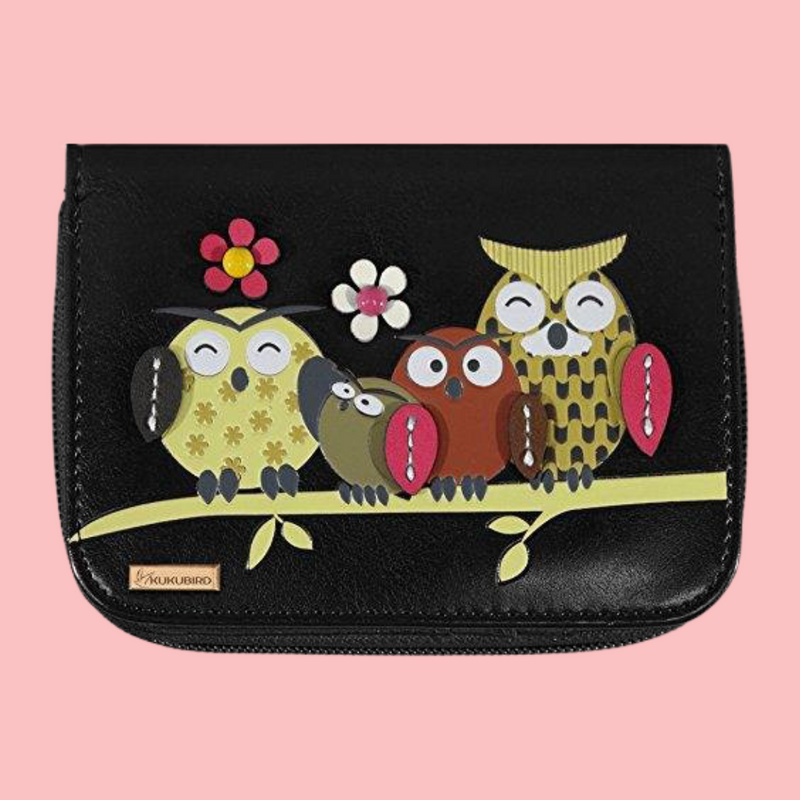 Kukubird Medium Purse Owl Feature Embroidery Patch Family Tree - Black - Kukubird_UK