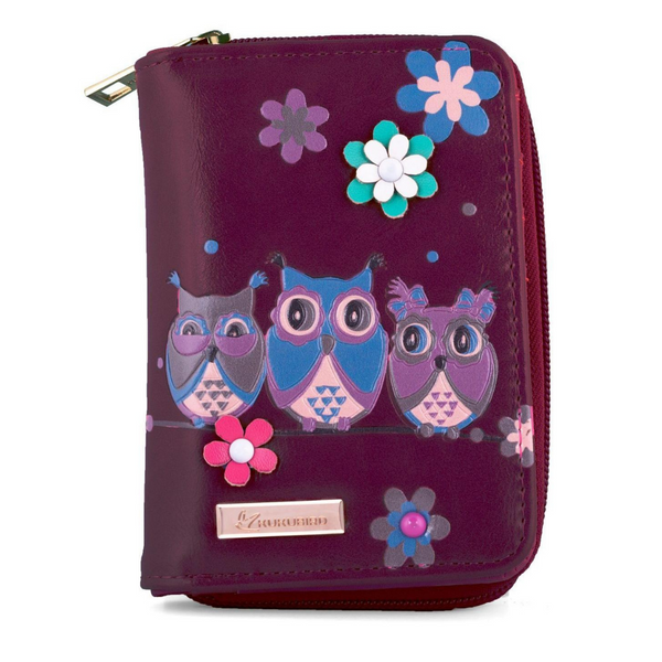 Kukubird Medium Purse 3 owl's floral - Purple - Kukubird-UK